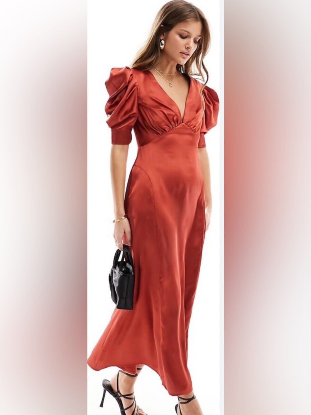 Satin Rust Orange V-Neck Maxi Dress with Puff Sleeves